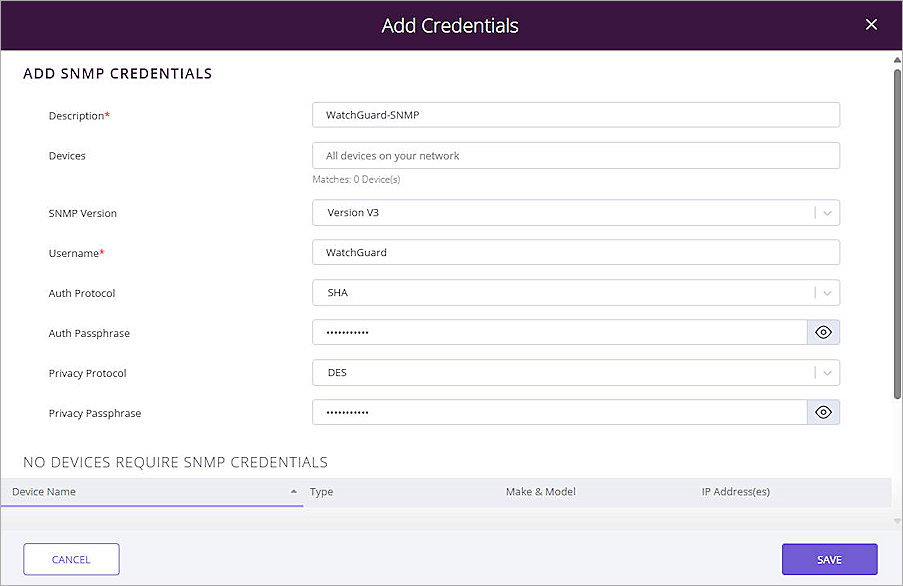 Screenshot of the Add Credentials page in Auvik